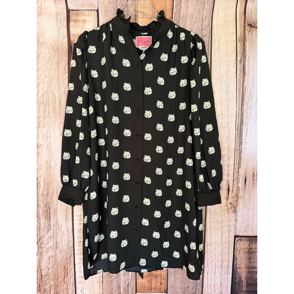 Kate Spade New York Cat Dot Shirtdress Ruffle Bow Black Whimisical Size Small